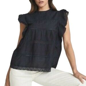 Reiss silk blend navy embroidered ruffle lightweight blouse.